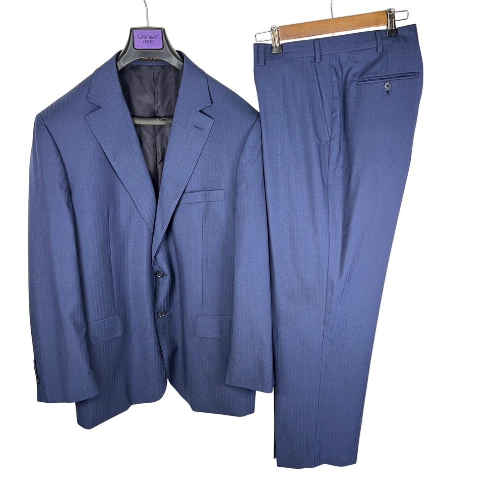 Jos A Bank Reserve Suit Blue Herringbone Vitale Barberis Canonico 48L 43W Mens